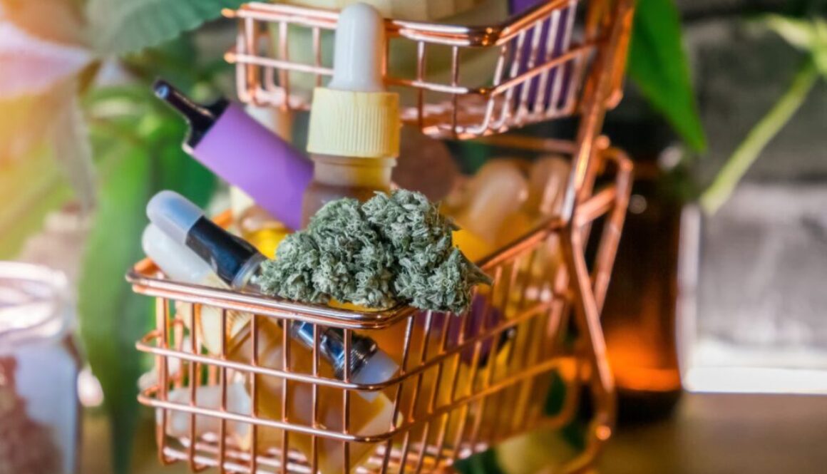 mini shopping cart with various cannabis products in it