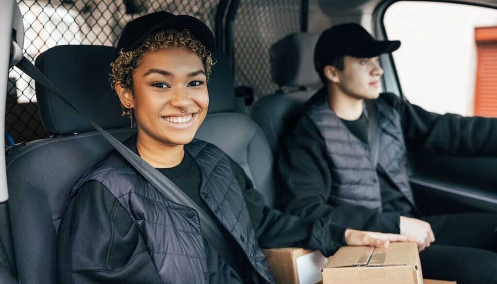cannabis delivery woman riding in cannabis delivery van smiling