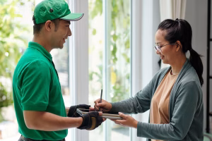 Delivery driver in green uniform having a customer sign for cannabis